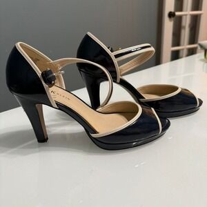 Retro Navy & Cream Mary Jane Heels – Vintage Inspired Pinup Office Heels Size 10
